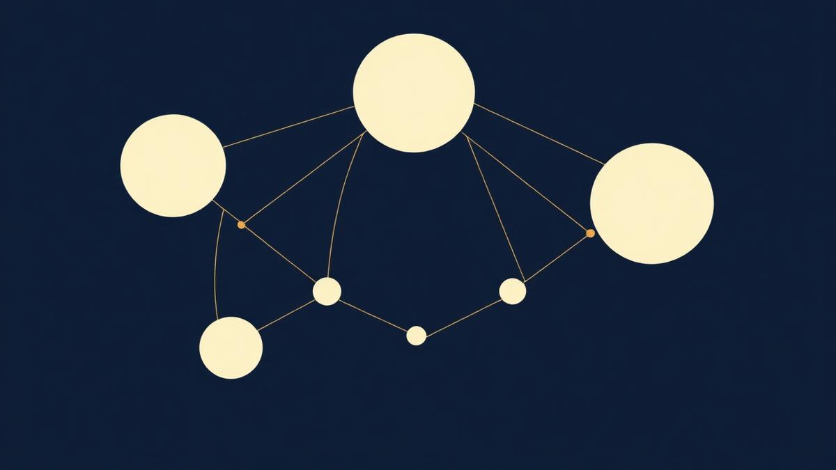 Ilustração abstrata em azul-marinho e creme representando sócios conectados por linhas